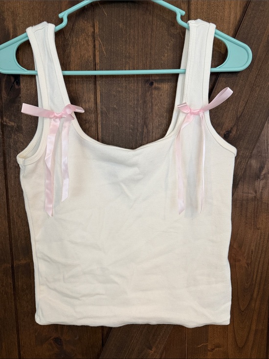 Forever 21 Tops - Forever 21 White Ribbed Tank with Pink Ribbon Straps